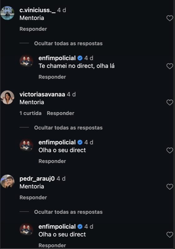 Comentários com a palavra e a resposta automática do perfil